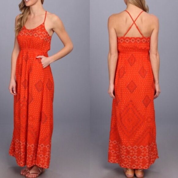 Lucky Brand Irving & Fine Orange Strappy Maxi Dress Pockets Sequin India XL - Picture 1 of 13